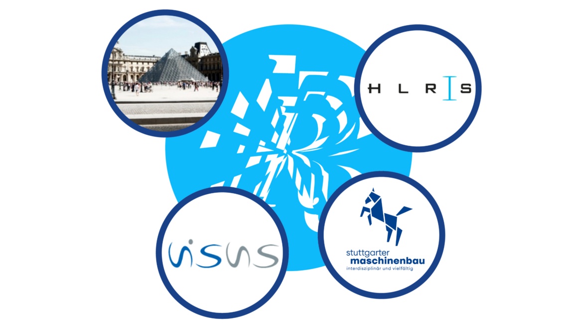 Logo Reproducing Realities, umgeben von den Logos des HLRS, Visus und dem Stuttgarter Maschinenbau. Außerdem ein Bild des Louvre